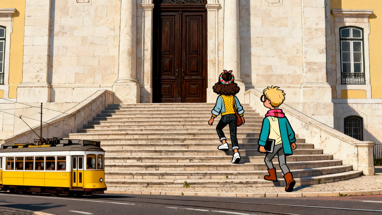 Mara and Theo climb the steps of the old archive in Lisbon, a yellow tram beside them